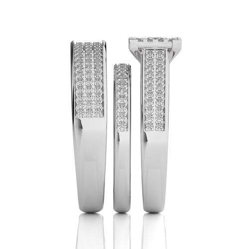 1 CT. His and Her Princess Shape and Round Natural Diamond Wedding Trio band Ring Set