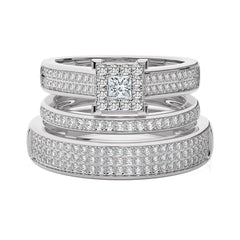 1 CT. His and Her Princess Shape and Round Natural Diamond Wedding Trio band Ring Set