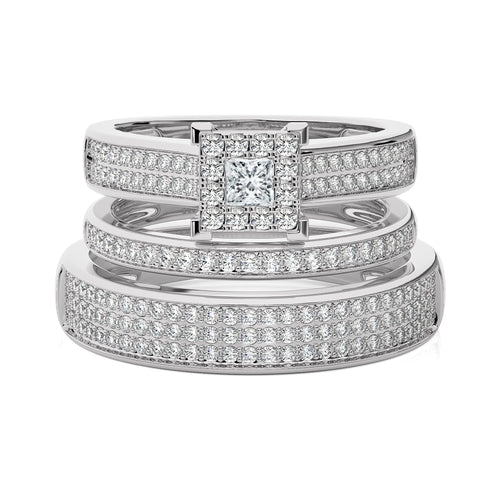1 CT. His and Her Princess Shape and Round Natural Diamond Wedding Trio band Ring Set