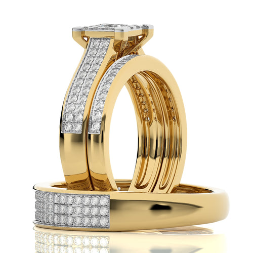 1 CT. His and Her Princess Shape and Round Natural Diamond Wedding Trio band Ring Set