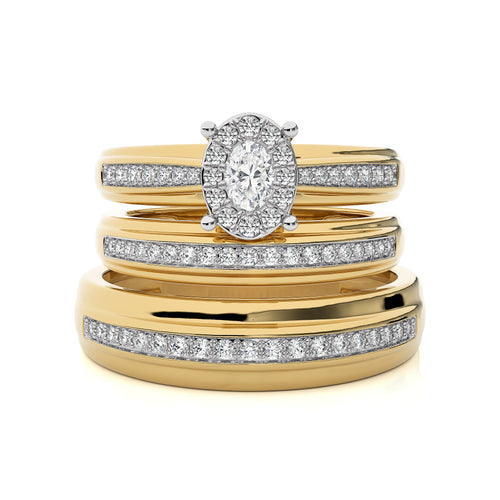 3/4 CT. His and Her  Oval and Round Natural Diamond Wedding Trio band Ring Set