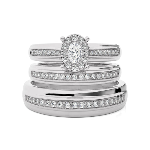 3/4 CT. His and Her  Oval and Round Natural Diamond Wedding Trio band Ring Set