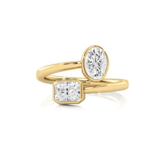 1 CT. Oval and Emerald Cut Bezel Set Natural Diamond Two Stone Engagement Ring