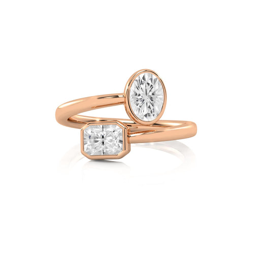 1 CT. Oval and Emerald Cut Bezel Set Natural Diamond Two Stone Engagement Ring