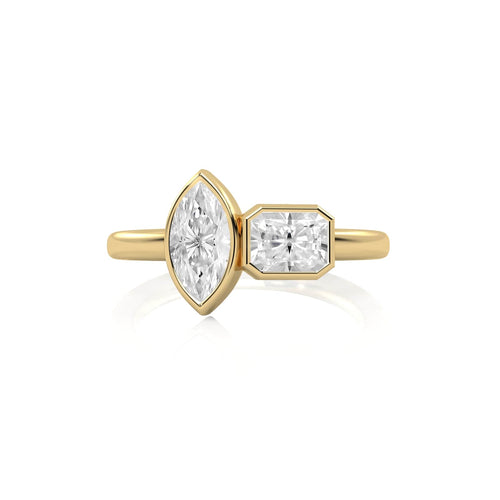 1 CT. Marquise and Emerald Cut and Bezel Set Natural Diamond Two Stone Engagement Ring