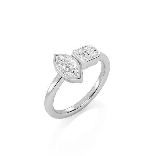 1 CT. Marquise and Emerald Cut and Bezel Set Natural Diamond Two Stone Engagement Ring