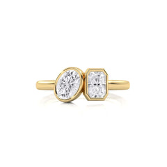 1  CT. Oval and Emerald Cut Bezel Set Natural Diamond Two Stone Engagement Ring