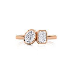 1  CT. Oval and Emerald Cut Bezel Set Natural Diamond Two Stone Engagement Ring