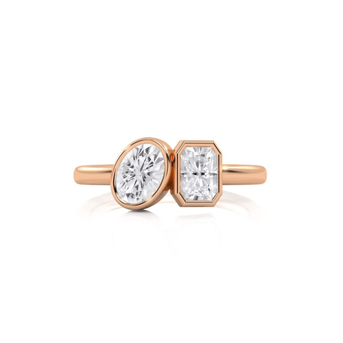 1  CT. Oval and Emerald Cut Bezel Set Natural Diamond Two Stone Engagement Ring