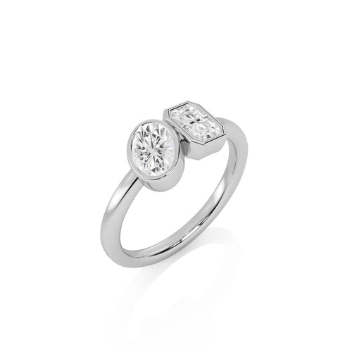 1  CT. Oval and Emerald Cut Bezel Set Natural Diamond Two Stone Engagement Ring