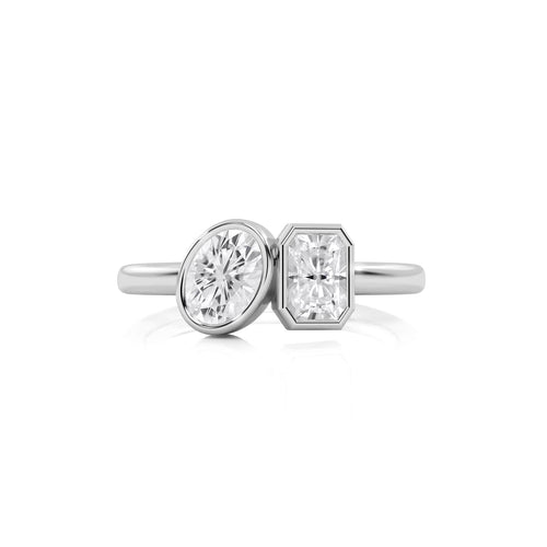 1  CT. Oval and Emerald Cut Bezel Set Natural Diamond Two Stone Engagement Ring