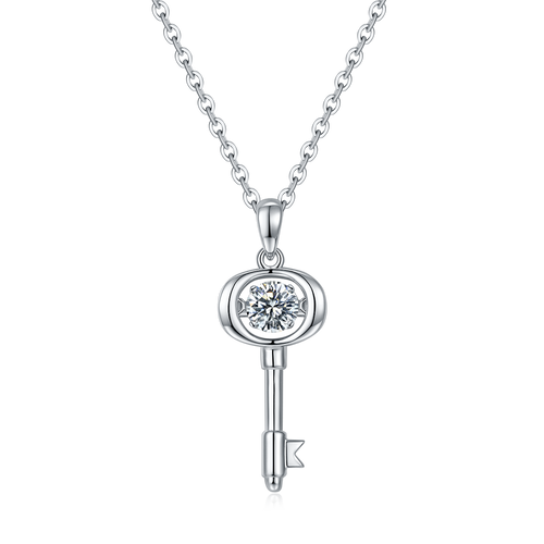 Moissanite Key Pendant Necklace in Sterling Silver