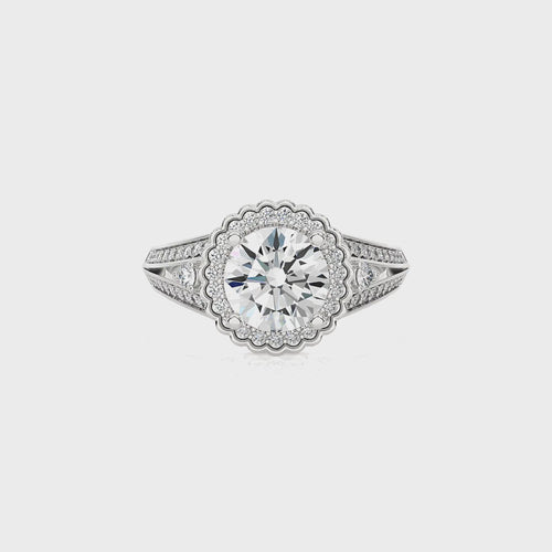 Starbrust Double Row Split Shank Diamond Halo Engagement Ring