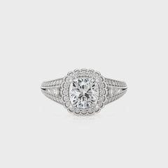 Starbrust Double Row Split Shank Diamond Halo Engagement Ring