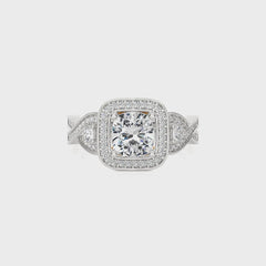 Classic Nimbus Double Twist Split Shank Halo Diamond Engagement Ring