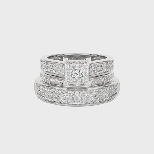 1 CT. His and Her Princess Shape and Round Lab Created Diamond Wedding Trio band Ring Set