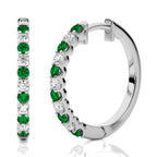 1/2 CT Emerald and Round Natural Diamond Eternity Hoop Earrings